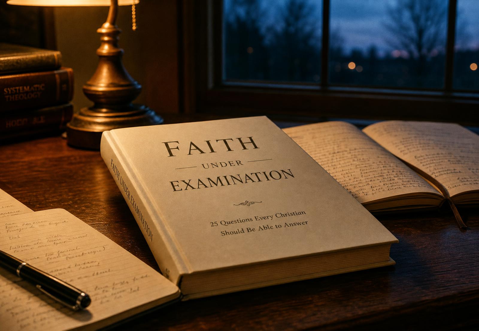 The book Faith Under Examination on a wooden desk beside handwritten notebooks under warm lamplight